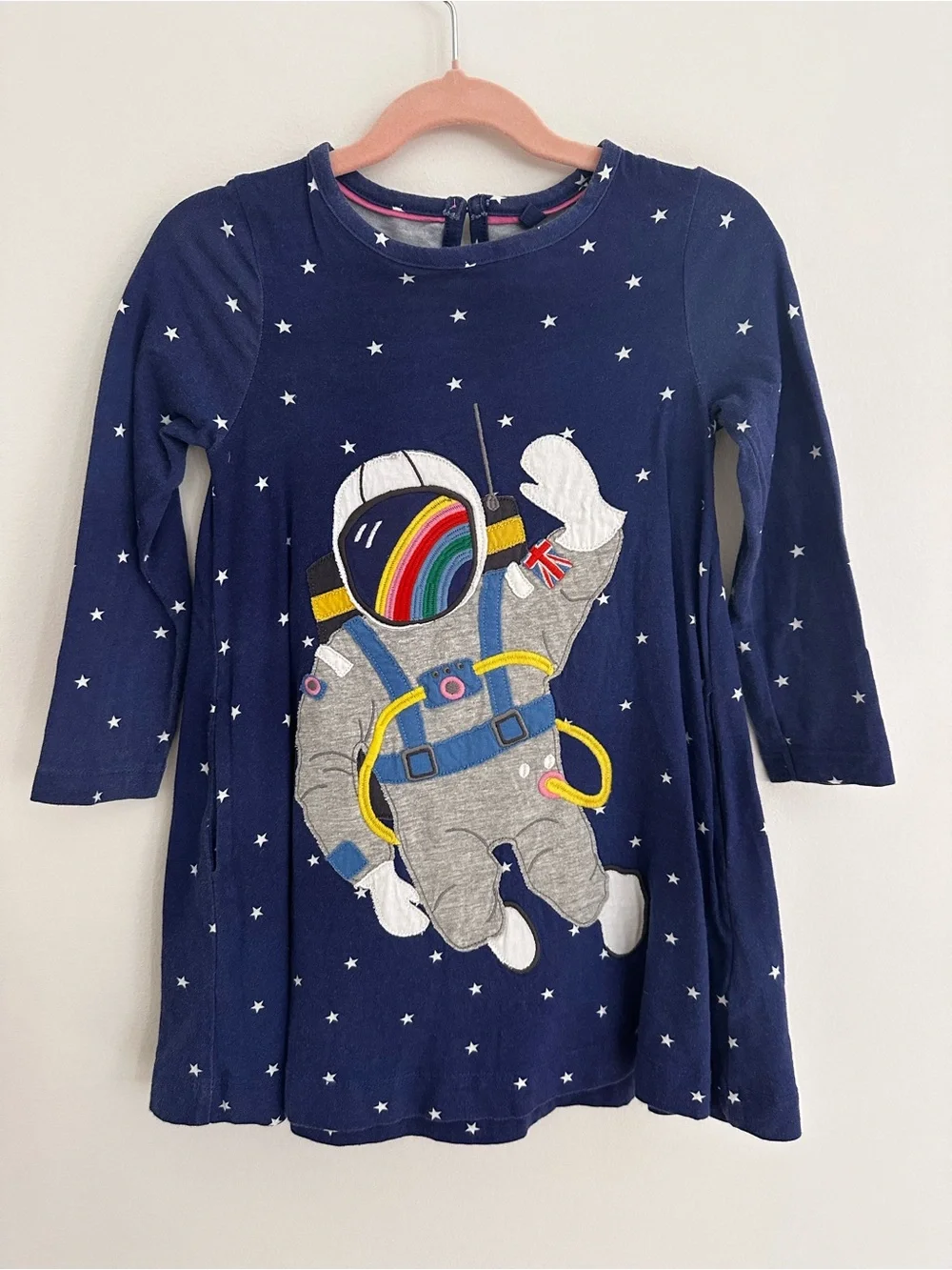 Mini Boden Navy Rainbow Astronaut Long-Sleeve Appliqué Pocket Tunic size 3-4
